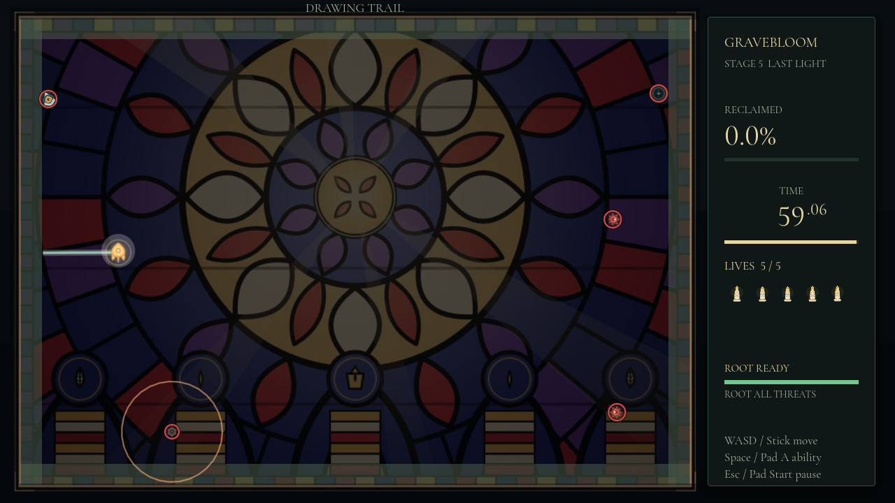 The start of Gravebloom's fifth stage, Last Light, with a stained-glass arena still covered by blight